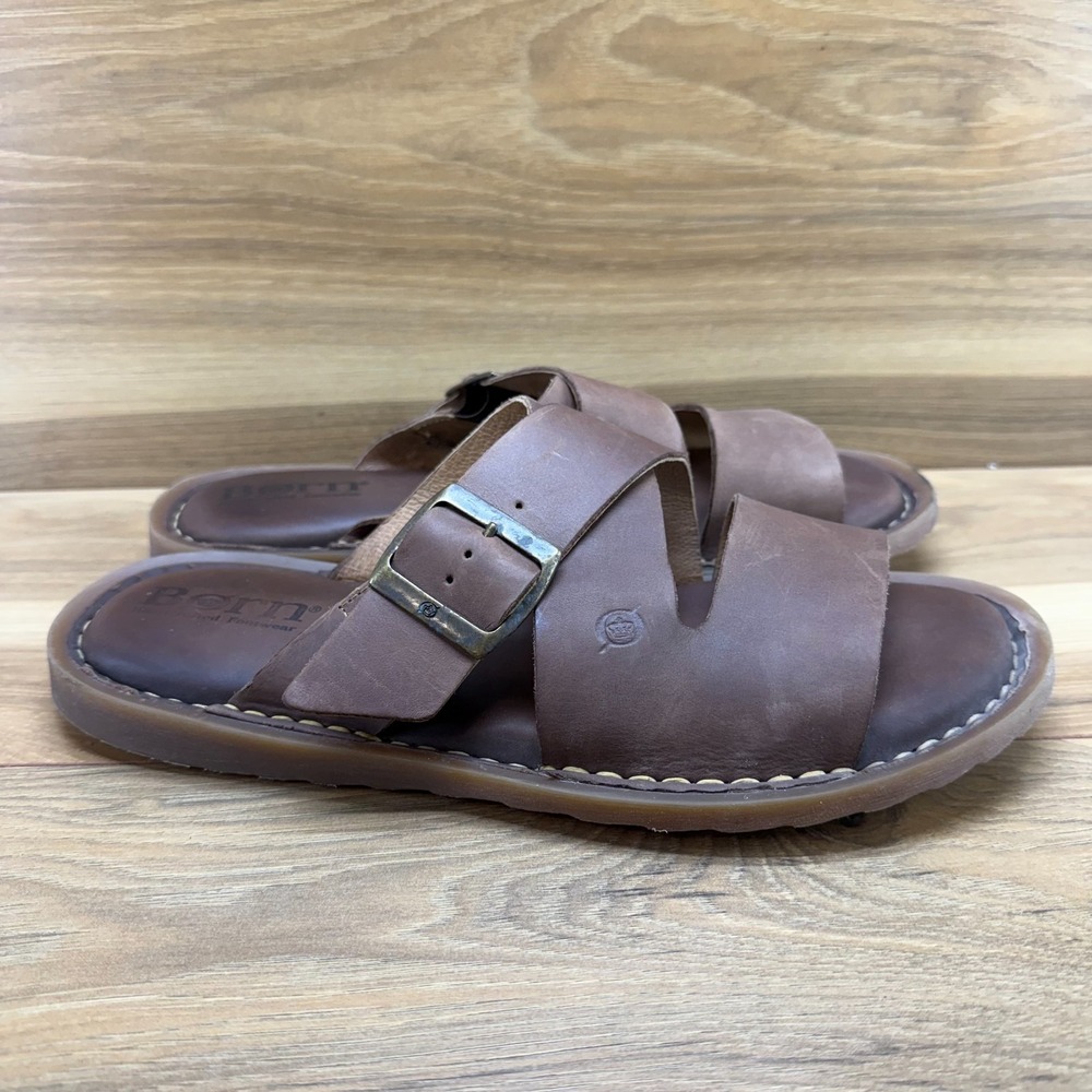 BORN Brown Leather Sandals Mens 10 Slip On Slides Comfort Summer Resort Vacation